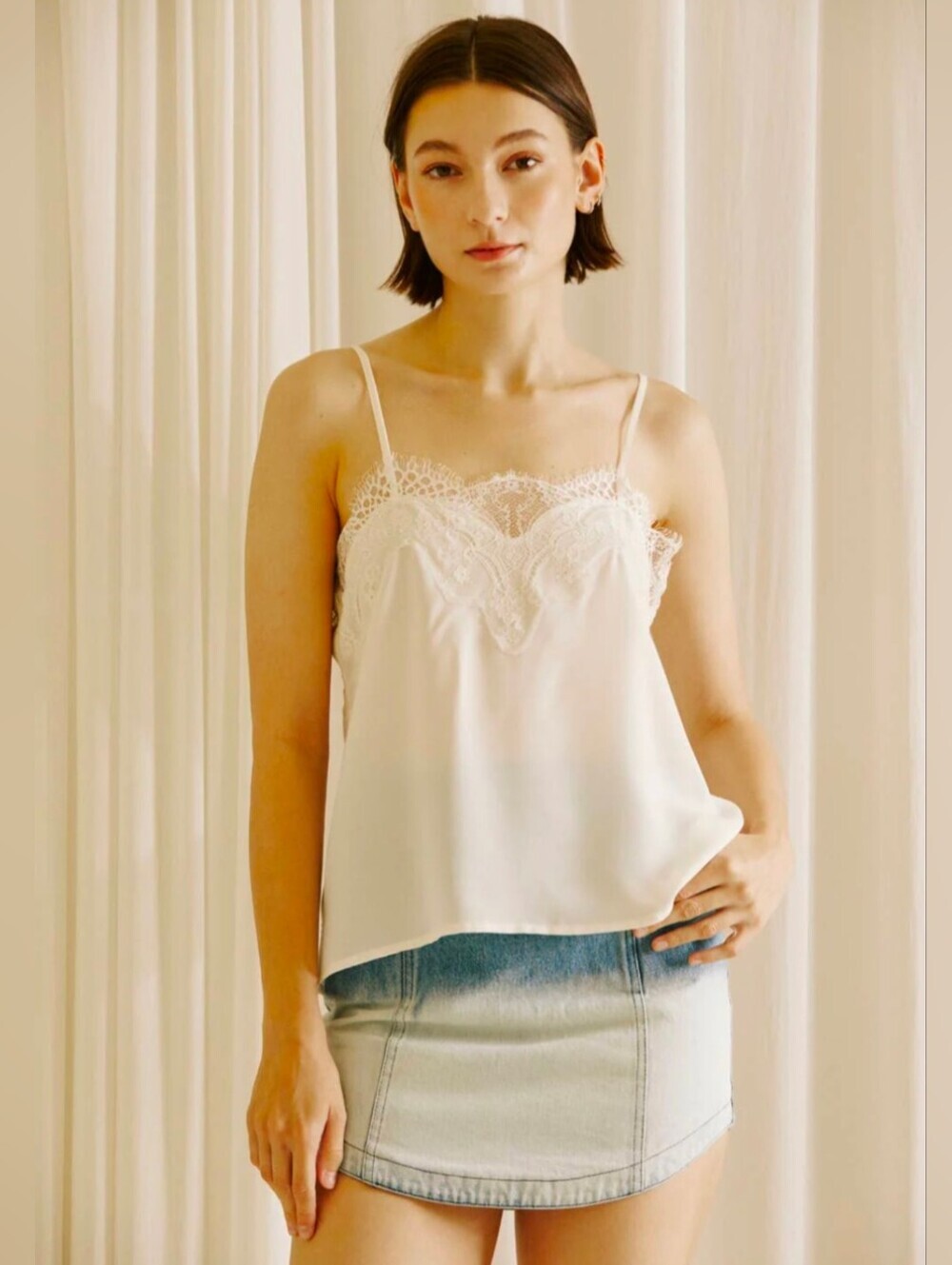 All in Favor Cream Lace-Trim Satin Camisole